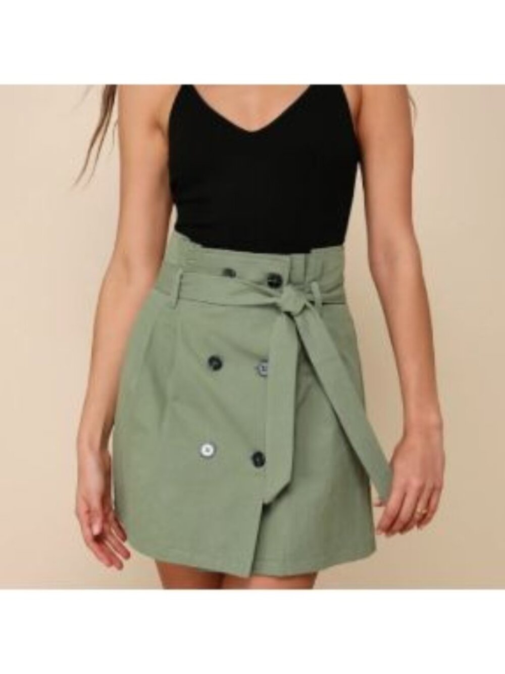 Lulu's Edgy Appeal Olive Green Twill Pleated Button-Front Mini Skirt